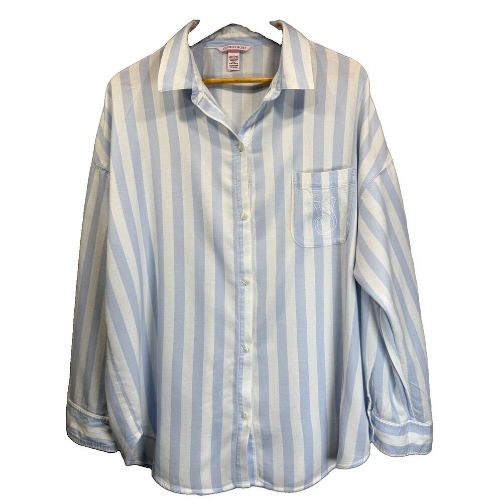 Victoria's Secret Women’s Large Button Up Pajama Shirt Blue White Stripes Pocket